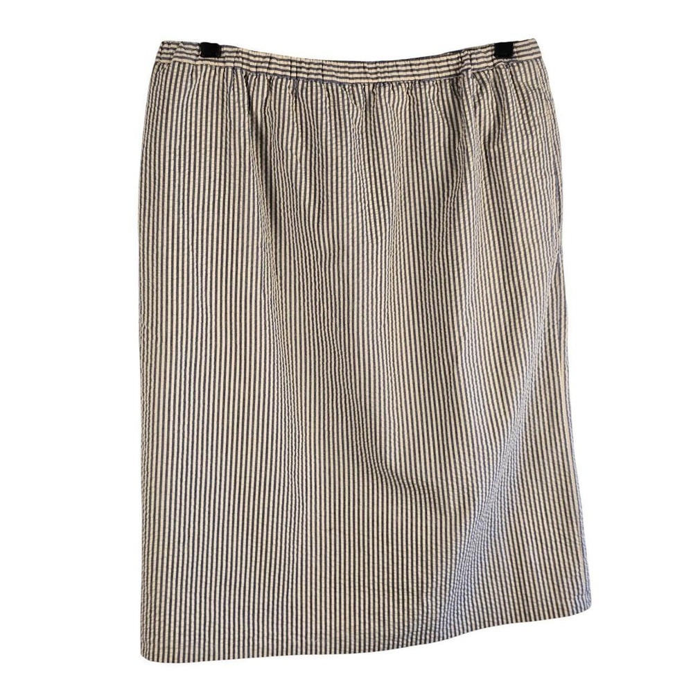 Orvis Womens Striped Seersucker Midi Skirt Elastic Waist Pockets Preppy